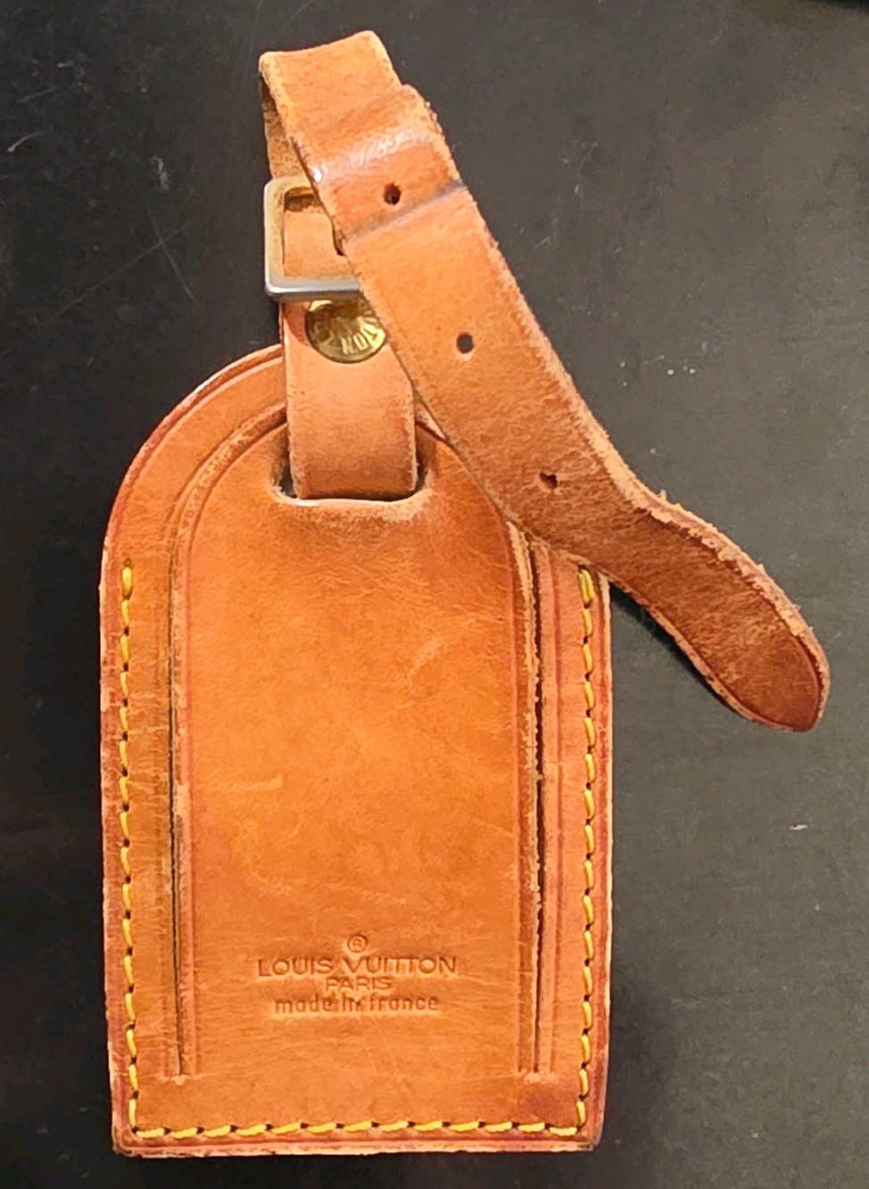 Louis Vuitton Paris Brown Leather Luggage Tag w/ Strap Made in France